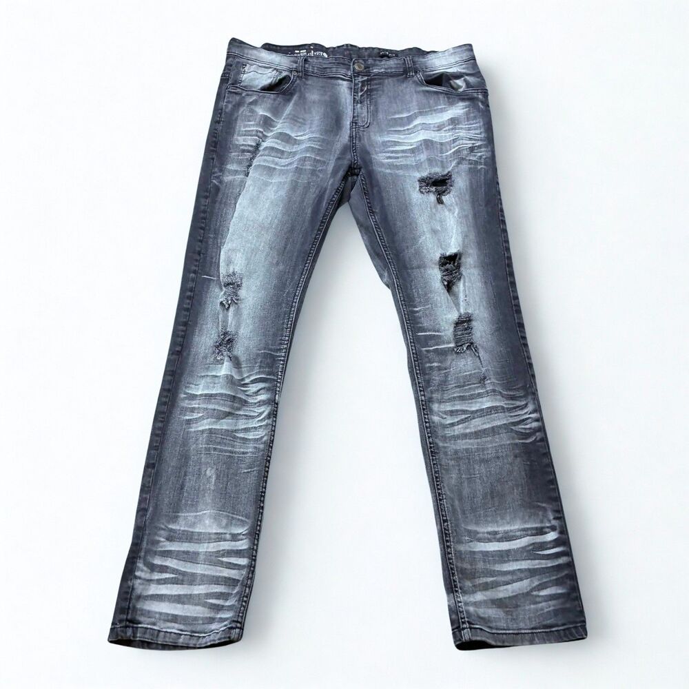 Copper Rivet Jeans Mens 38x31 Slim Fit Moto Biker Black Gray Distressed Ripped